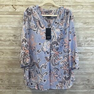 Jones New York Womens XXL Tunic Blouse Pleat Front 3/4 Sleeve V-Neck Paisley NWT